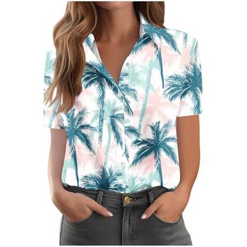 Hawaiian Shirts for Womens Summer Tops Trendy Tropical Floral Print Tshirts Casual Beach Button Down Short Sleeve Blouses Plus Size Tees Fashion Tops Beach Vacation Outfits