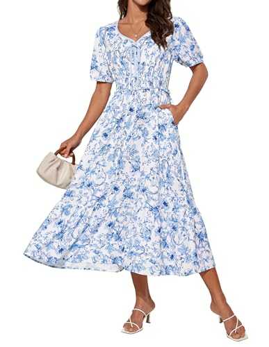 GRACE KARIN Women Elegant Midi Floral Dress Short Sleeve V Neck Summer Dress Elastic Waist