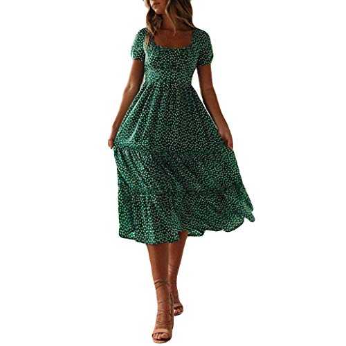 Zhsxertwy Womens Summer Midi Dress Floral Print Boho Dresses Ruffles Short Sleeve High Waist A-Line Casual Holiday Beach Long Sundress for Ladies