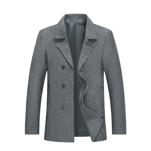 Allthemen Mens Winter Warm Coat Herringbone Tweed Double Breasted Trench Coat Wool Blend Notch Collar Coat