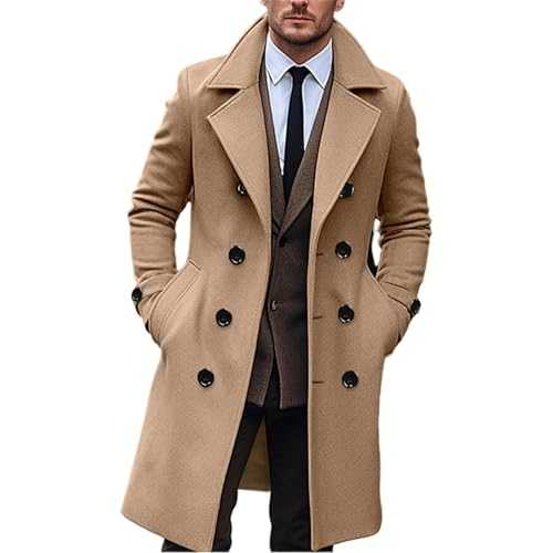 Maiyifu-GJ Men's Notch Lapel Double Breasted Long Trench Coat Casual Cotton Blend Peacoat Outdoor Windbreaker