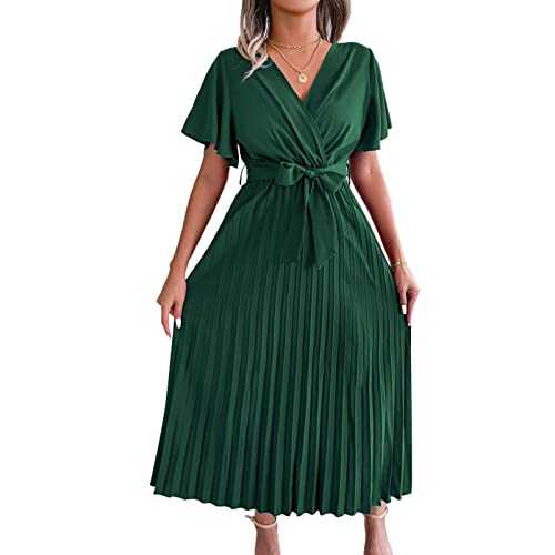 Women's Elegant Belted Pleated Flounce Sleeve Long Dress Wrap V Neck A-Line Pleated Hem Flowy Swing Midi Dresse