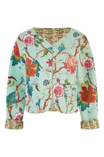 Yumi Blue Floral Print Reversible Cotton Cropped Quilted Jacket
