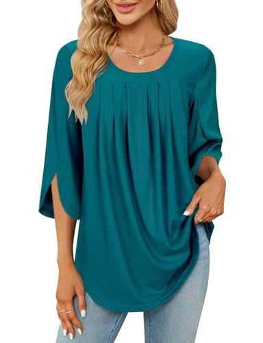 Gemulate Womens Blouses 3/4 Sleeve Tunic Tops Crewneck Pleated Floral Printed Shirts Long Loose Fit Basic Top M-3XL