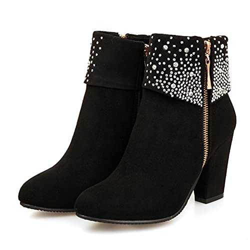 Cowboy Boots for Women Fancy Dress, Ladies Fashion Bling Short Ankle Booties, Women's Comfy Fall Winter Round Toe Side Zipper Mid Heel Rhinestone Suede Boot,UK Size 7M