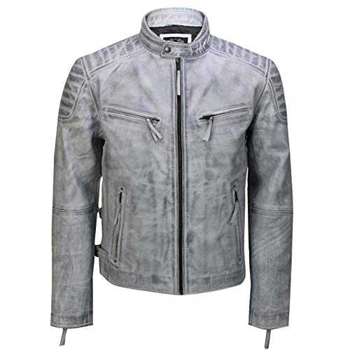 Xposed Mens Real Leather Antique Washed White Black Retro Vintage Style Biker Jacket Slim Fit Bomber