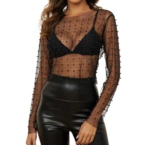 Women Pearl Rhinestone Sheer Mesh Crop Top Sexy See Through Long Sleeve Slim Fit Cropped Blouse Shirt Clubwear