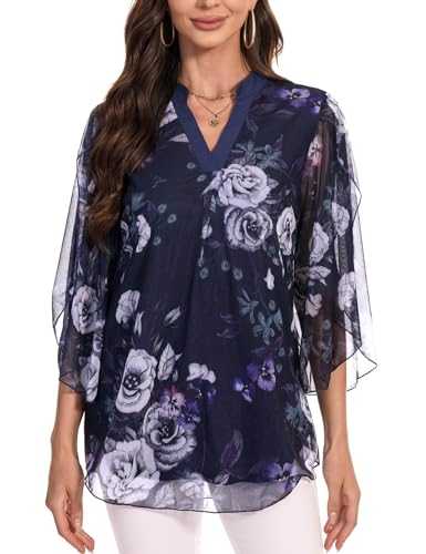 Gyabnw Women's Summer Tops UK Elegant Blouse 3/4 Sleeve Tunic Shirt Double Layers Mesh Top
