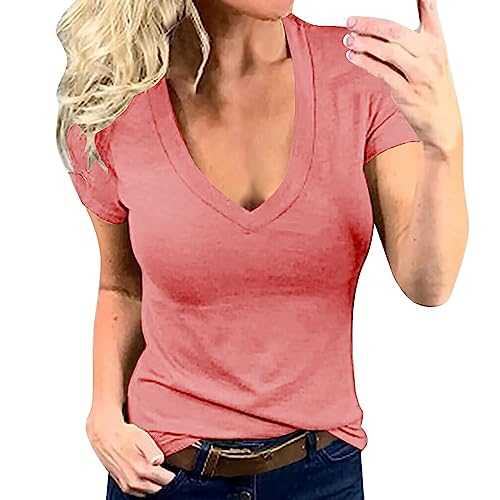 Womens Cotton Short Sleeve T Shirt Solid Color Deep V Neck Sexy Top Tee Trendy Casual Summer Slim Fit Short Sleeve Lightweight Breathable Commuting Blouse