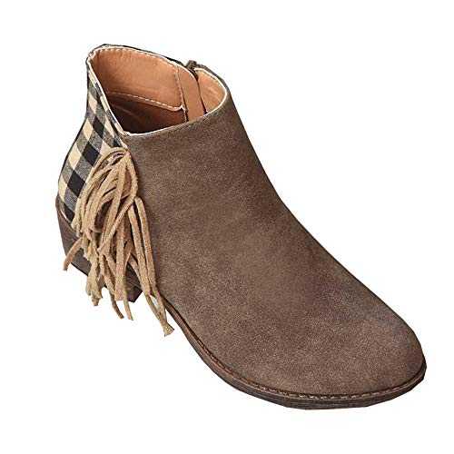 Women Low Heel Suede Boot Stylish Fringe Plaid Chelsea Boots Comfy Autumn Winter Shoes for Travel Office