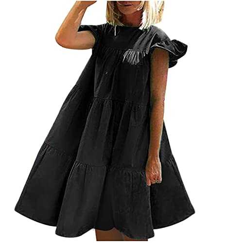 Summer Dresses for Women UK Clearance Plain Sleeveless Pleated Loose Swing Casual Dress Ladies Tank Boho Midi Sundress Shirred Tiered Ruffle Hem Midi Swing Dress Flare Tunic Flutter Sleeve Dress