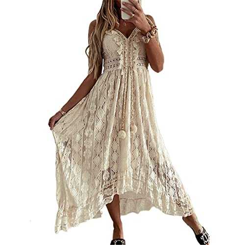 Yassiglia Womens Casual Floral Lace Beach Dress Bohemian Style V-Neck Spaghetti Strap Backless Long Sundress for Beach Vacation S-XL