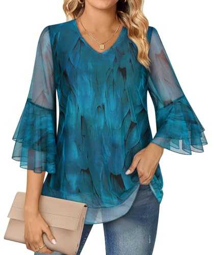 Syphiby Womens Blouses 3/4 Sleeve Tops Dressy Casual Double Layered V Neck Mesh Chiffon Tunic Shirts