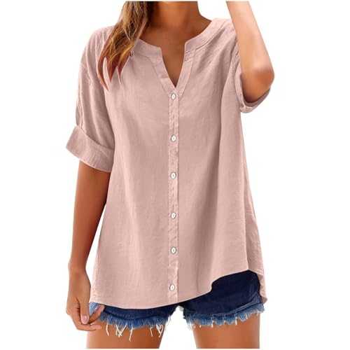Ladies Tops Womens Cotton Linen Blouse Short Sleeve Summer V Neck Button Up Short Sleeve Ladies Shirts Tunic Tops Solid Work Casual Oversized Loose Tshirts Daily Plus Size