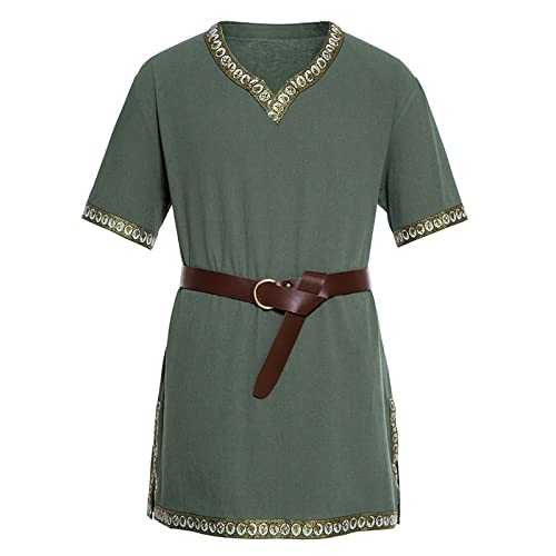 Ailrik Men's Medieval Tunic with Border Men's Short Sleeve Viking Shirt Wars Fancy Dress for Carnival