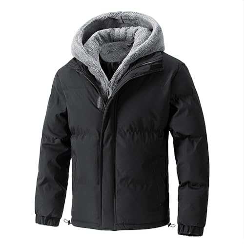 Mens Winter Coat with Fleece Hood Full Zip Warm Coats with Pockets Short Quilted Cotton Jacket Casual Comfort Padded Overcoat Solid Colours Windbreaker Outwear Plus Size Men's Jackets