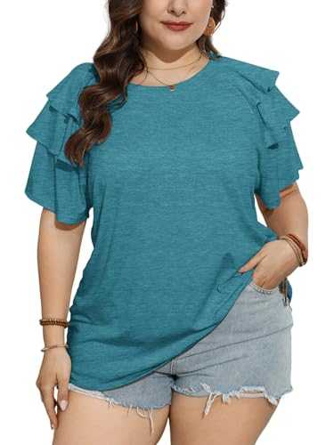 TAKEYAL Womens Plus Size Tops Ruffle Short Sleeve Crew Neck Solid T Shirts Casual Blouses Tunic Top 1XL-5XL