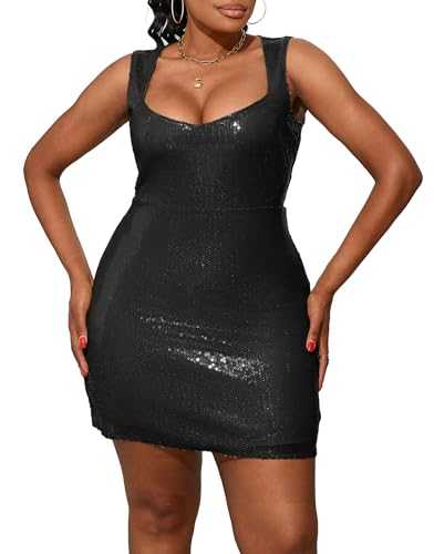 IWFEV Sequins Spaghetti Strap Dress Glitter Square Neck Midi Dress Sparkly Women's Party Cocktail Mini Dress
