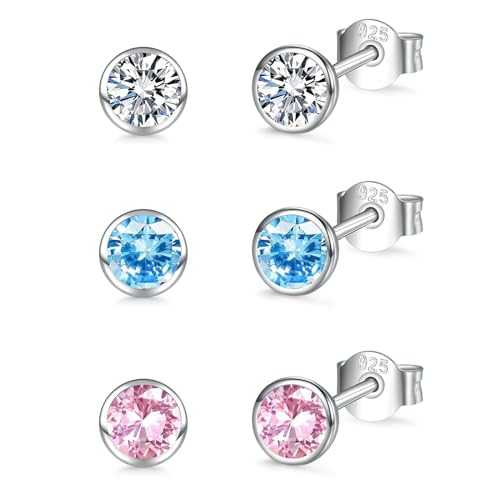 Sterling Silver Stud Earrings for Women Men Girls, 3 Pairs Small Cubic Zirconia Stud Earrings Set | Hypoallergenic Tiny Sleeper Cartilage Tragus Earring Multiple Pirercings for Teengirls Kids, 2/3/4mm