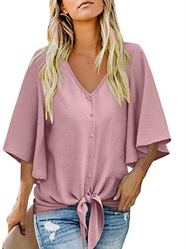 Aokosor Womens Blouse V Neck Tops with Button Ladies Summer Chiffon 3/4 Bell Sleeve T shirts