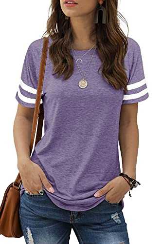 Tshirts for Womens Short Sleeve Summer Crewneck Loose Fit Striped Tops Casual - purple - X-Large