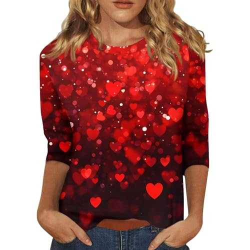 Mrat Valentine's Day Tops for Women Love Heart Printed Shirts Pullover Sparkly Crewneck 3/4 Sleeve Shirt Ladies Going Out Top Shiny Funny Pattern Blouses UK Top Loose Fit Plus Size Women Tee Clearance