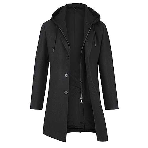 YOUTHUP Men's Wool Trench Coat Winter Thick Peacoat with Removable Hood Casual Overcoat