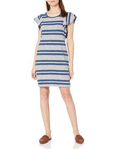 Goodthreads Heavyweight Cotton Slub Ruffle Sleeve Dress, White/Sargasso Sea Stripe, XL