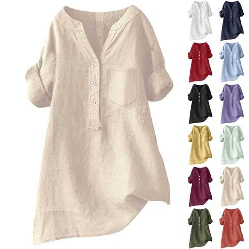 Linen Blouse Summer Beach Short Sleeve V Neck Button Down Top Casual Tunic Loose Shirt 2025 Athletic Tops Women