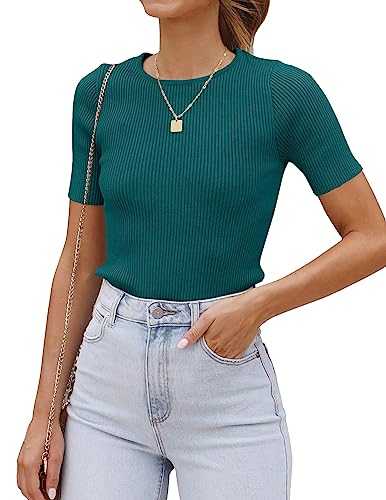 ZESICA Women's Short Sleeve Crewneck Ribbed Knit Slim Fit T Shirt 2023 Summer Casual Solid Color Tee Tops