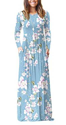 HAOMEILI Women's Casual Long/Short Sleeve Maxi Dress with Pockets (X-Small, Long Sleeve Floral Light Blue)