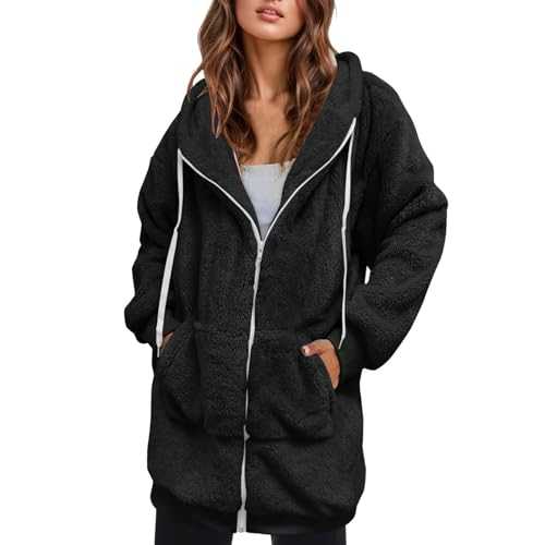 Winter Coats for Women Sale Clearance Warm Sherpa Fleece Long Jacket Zip Up Hoodie Thickened Windproof Outerwear with Hood Faux Fur Mid Length Outwear Ladies Fuzzy Fluffy Overcoat Oversized Y2K Coats