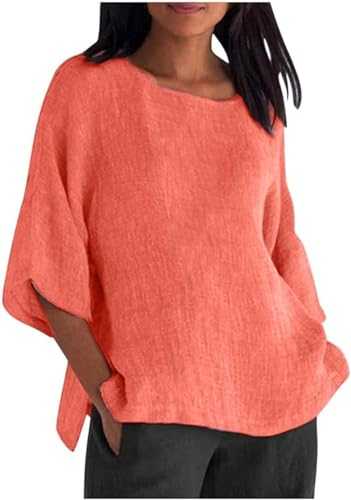 Women Summer Short Sleeve Top Cotton Linen Comfort Blouse and Shirt Womens Oversized Round Neck Loose Fit Casual Shirts Tees Tunic Tops UK Size S 5XL