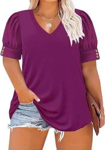 ForHailey Women's Button Plus Size Tops Pleated Puff Sleeve V Neck Blouses Summer Casual Tunic T Shirt