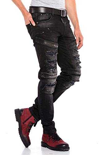 Cipo & Baxx Men's Destroyed Regular Fit Denim Trousers Label Details Ripped Trousers Design Jeans Trousers