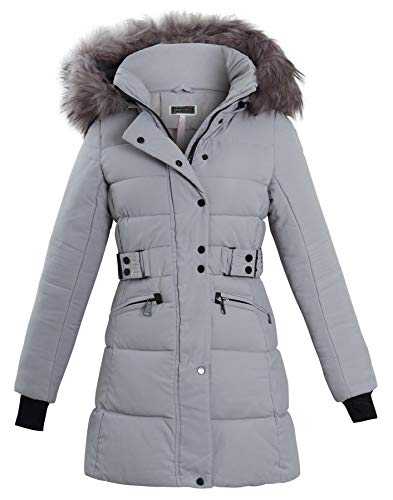 shelikes Womens Winter Coat Ladies Faux Fur Hooded Puffer Belted Quilted Long Jacket Warm Parka Coats With Detachable Hood