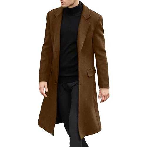 Gsywaipei Men's Slim Fit Pea Coat Warm Thick Long Breasted Peas Overcoat Winter Button Wool Blend Male Coats