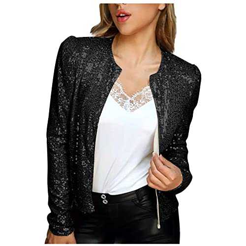 RLEHJN Sequin Jackets for Women UK Sale Clearance Lightweight Open Front Cropped Blazer Jackets Long Sleeve Collarless Neck Festival Outfit Party Bomber Jacket Casual Coats Size 8-16