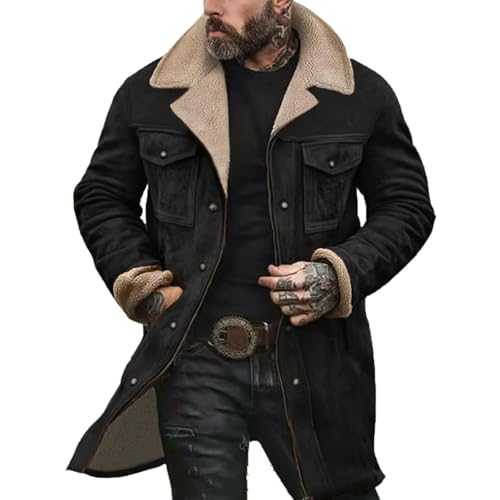 Mens Suede Leather Jacket Turn-Down Collar Flap Pockets Trucker Jacket Brown Vintage Fleece Lined Jacket Faux Suede Oversized Trench Coat Motorcycle Western Work Jacket Winter Warm Overcoat Outwear