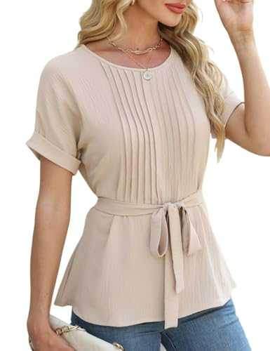 Sthxyfaith Business Casual Tops for Women Dressy Shirt Summer Peplum Tops Work Pleated Blouse Womens Business Clothing