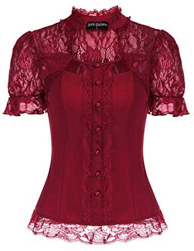 Scarlet Darkness Victorian Tops Short Lace Sleeve Shirts Stand Collar Blouse