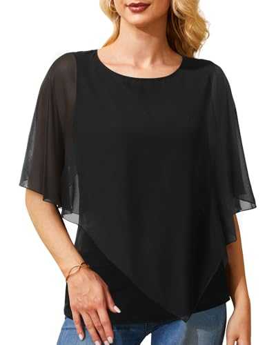 Holipick Women's Dressy Casual Top Ruffle Double Layered Solid Chiffon Blouses Shirts for Summer