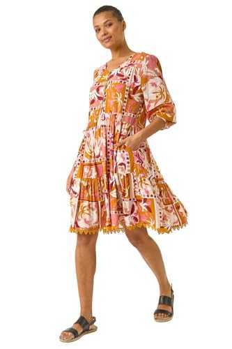 Roman Originals Patchwork Smock V-Neck Dress for Women UK - Ladies Everyday Holiday Spring Summer V-Neckline Comfy Soft Evening Vacation Work Party