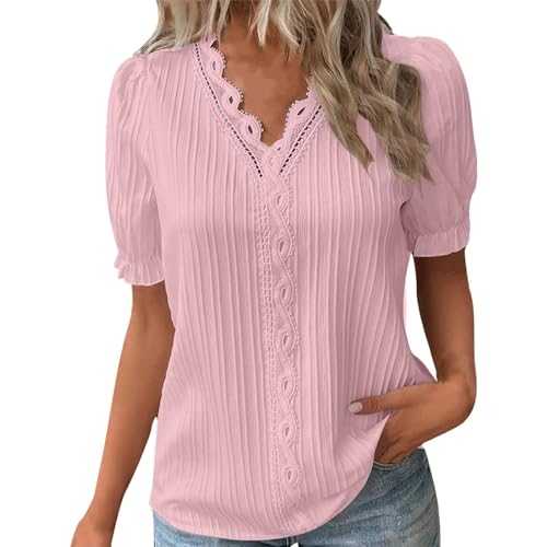 Tops for Women UK Summer Shirt Lace Splicing Elegant Blouses Hollow Bubble Casual T-shirt V Neck Trendy Tops Office Work Business Tshirts Ladies Dressy Blouse