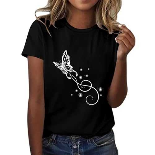 HOOUDO Womens T-Shirt Summer Round Neck Tops Comfortable Short Sleeve T Shirts Holiday Cotton Shirts Blouse Letter Loose Blouses Top Oversized Streetwear for Workout
