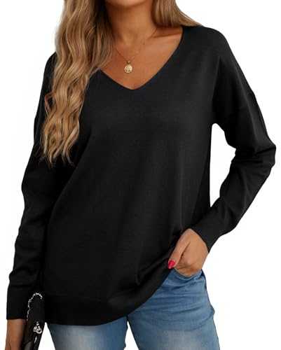 GRECERELLE Women's Knit Jumpers V Neck Sweatshirt Ladies Casual Classic Plain Pullover Long Sleeve Jumper Tops Blouse T-Shirt for Winter Fall Spring