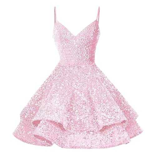 Womens Sequin Party Dress Glitter Spaghetti Strap A-Line Ruffle Swing Mini Dress Sparkly Cocktail Party Evening Dress
