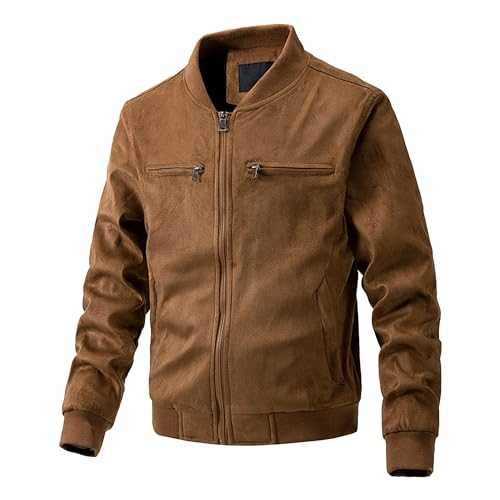Mens Faux Suede Bomber Jacket Lightweight Baseball Leather Flight Coats Casual Varsity Stand Collar Soft Jackets