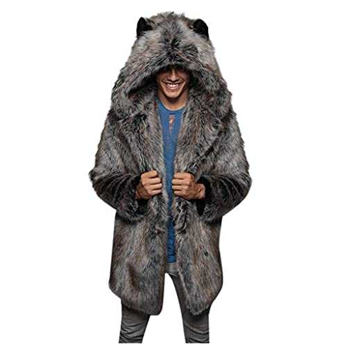 NC Mens Faux Fur Parka Outwear Fashion Leopard Winter Warm Furry Thick Hooded Overcoat Jacket,Wolf Cardigan Oversized Fuzzy Soft Plush Overcoat Winter Fleece Bear Robe with Pockets S-4XL