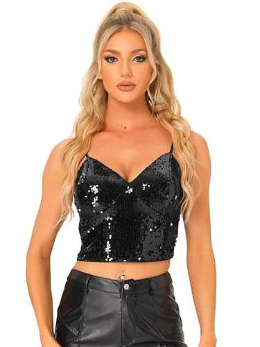 Allegra K Sequin Cami Top for Women Spaghetti Strap Club Party Crop Tank Tops